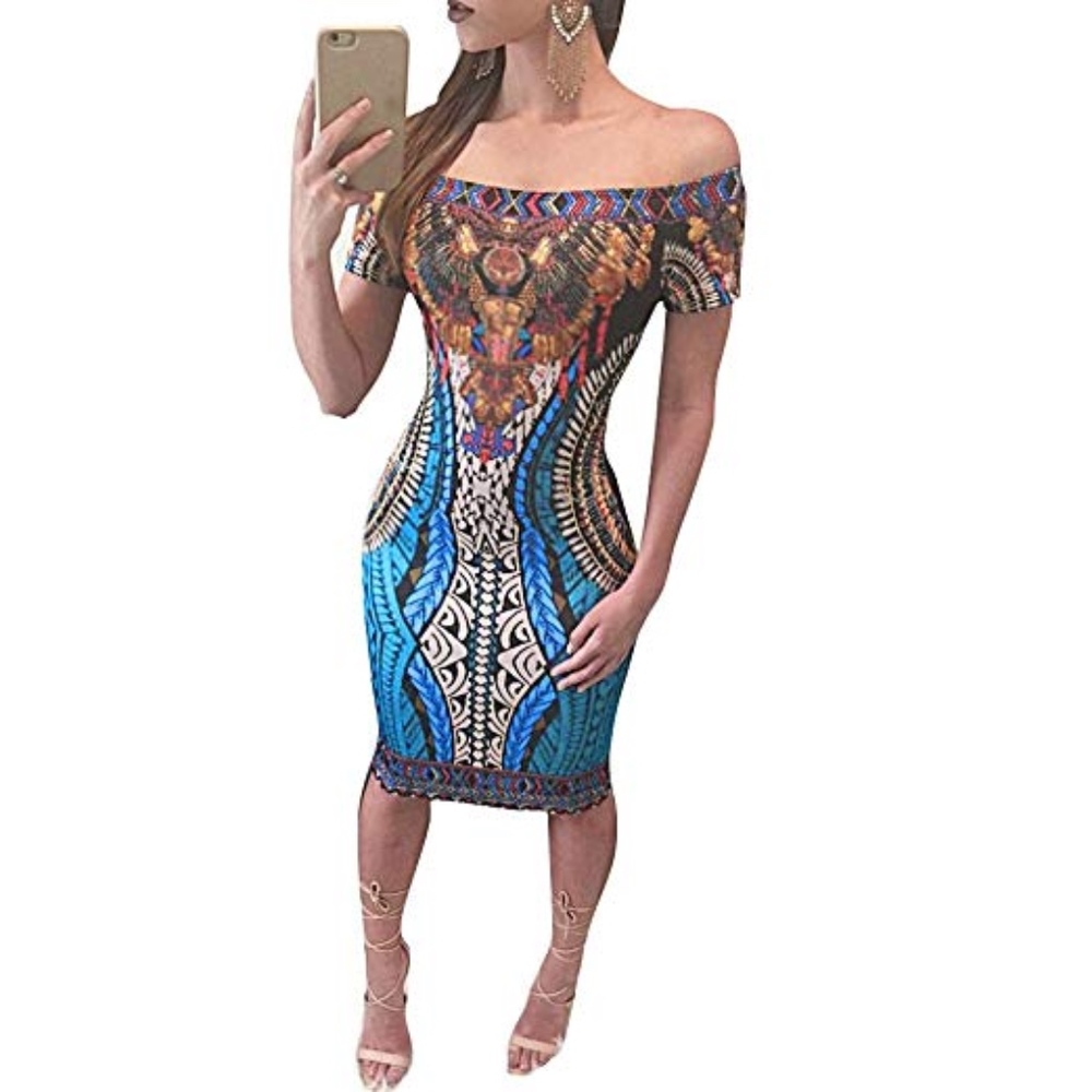 Sexy Dashiki Print Off Shoulder Bodycon Dress